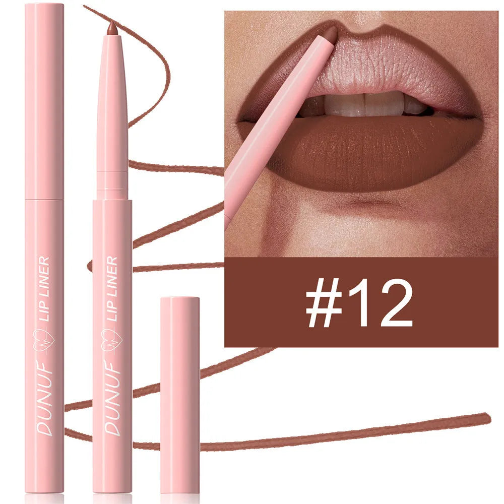 Matte velvet lip liner pencil showing 12 colour shades from nude to plum