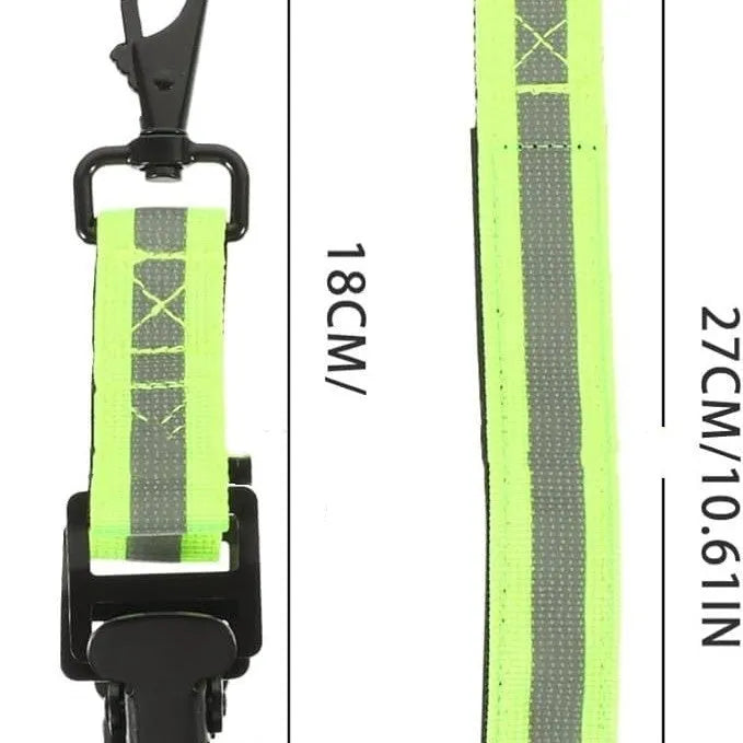 Fluorescent green metal safety clip with reflective tape for securing fireman gloves.