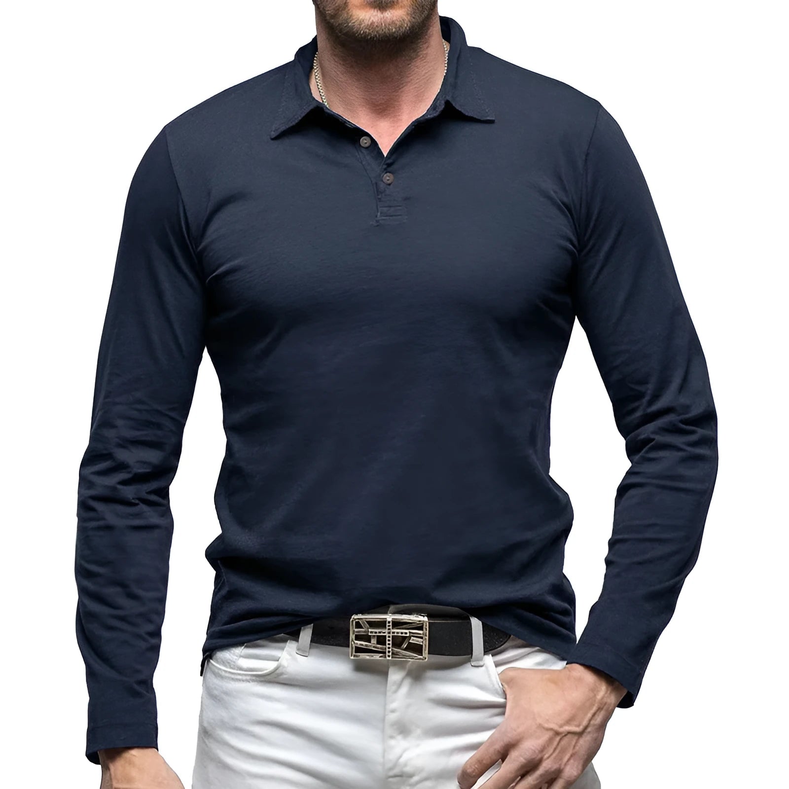 Men's dark gray cotton polo collar long sleeve t-shirt in American Retro style