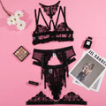 Women's black embroidery stitching mesh bra with three-point design on polyester fabric