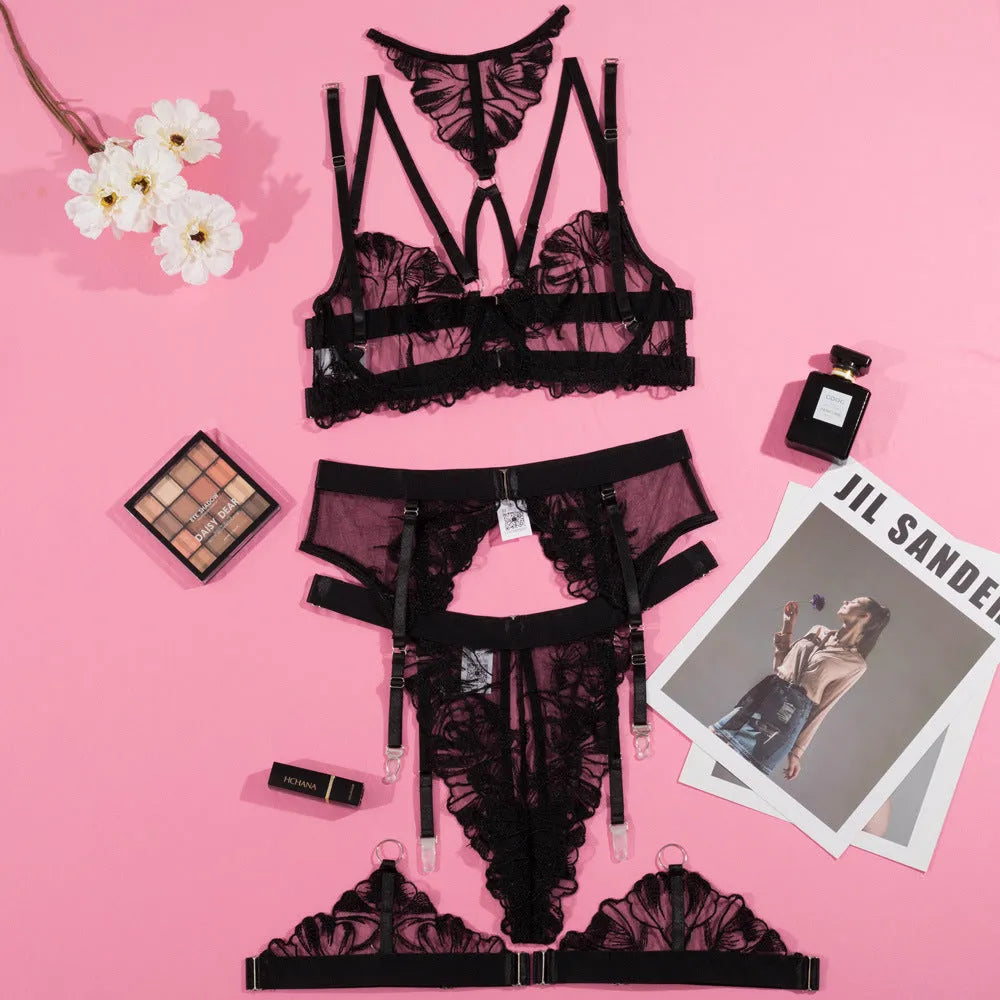 Women's black embroidery stitching mesh bra with three-point design on polyester fabric