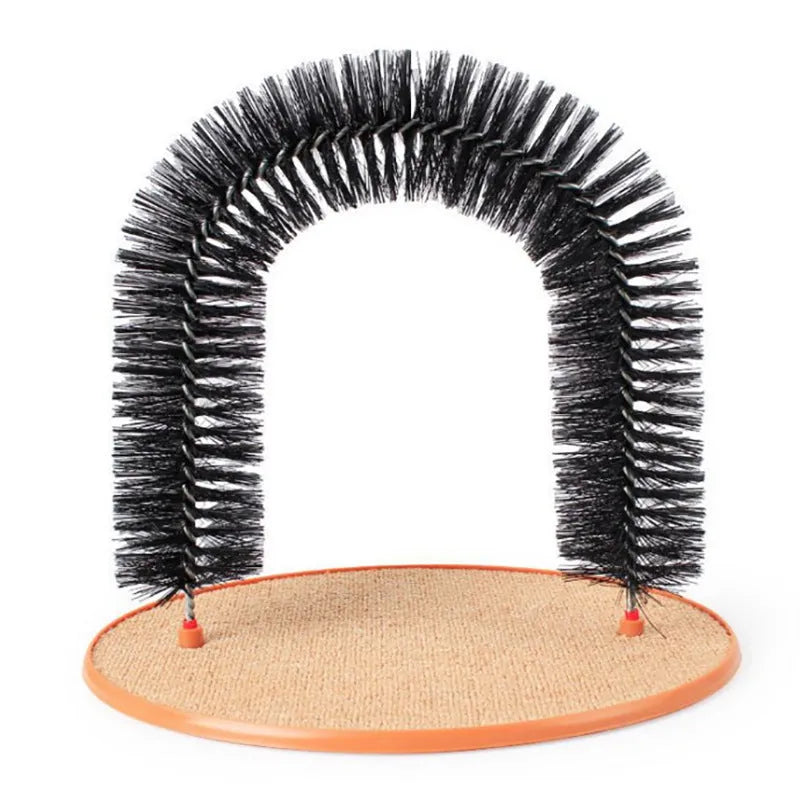 White cat grooming arch with built-in brush bristles for scratching and self-grooming
