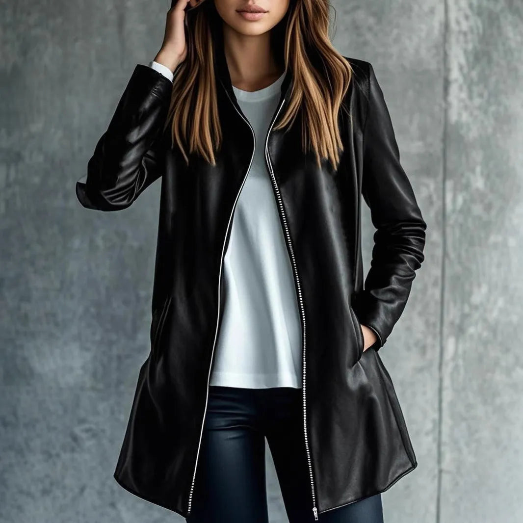 Black women's leather-style polyester jacket with medium 65cm length on a hanger.