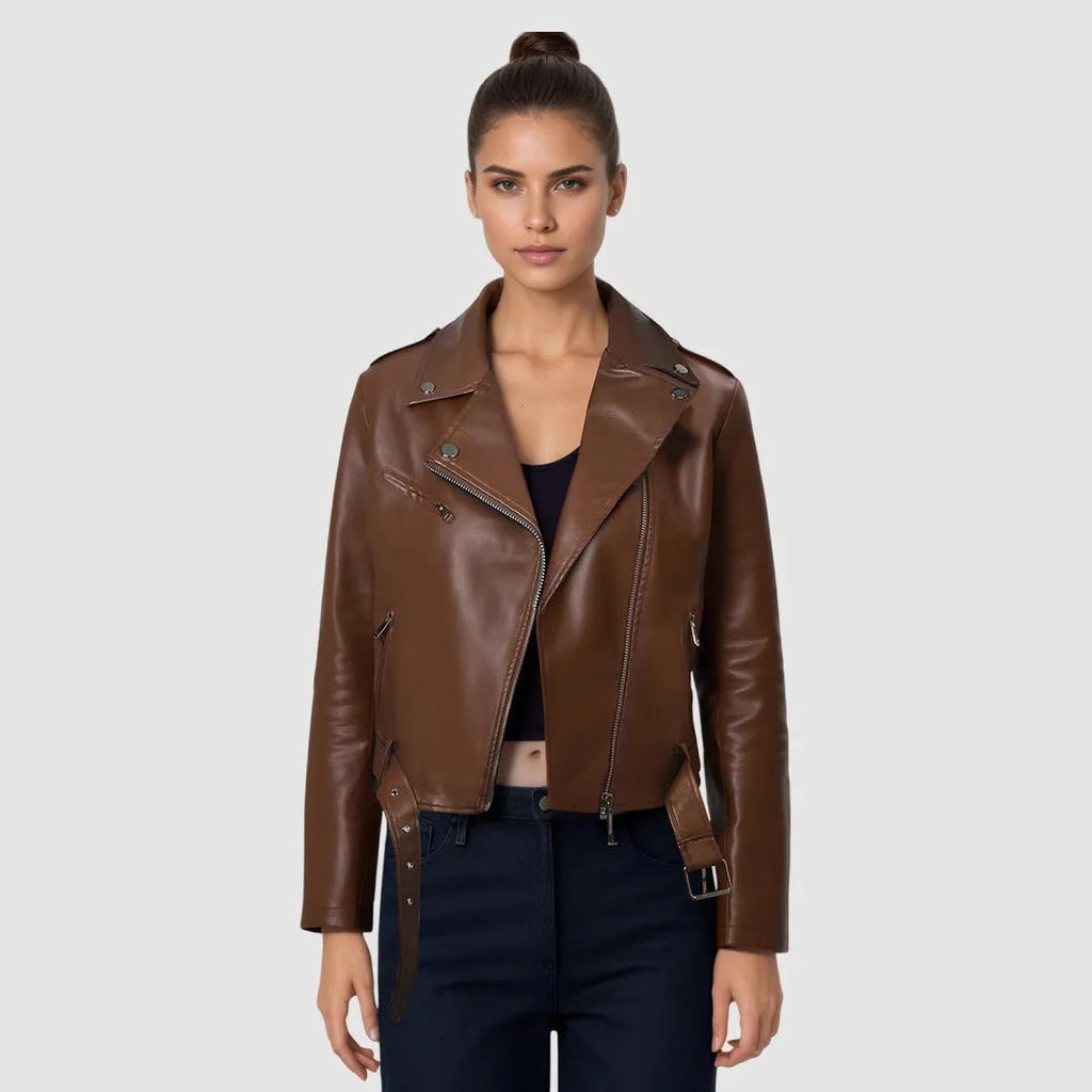 Women's black PU leather motorcycle jacket with lapel collar and a short waist belt.