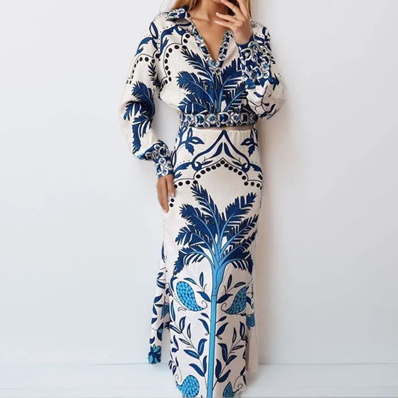 Women's casual co-ord set with long sleeve top and matching long skirt in picture colour
