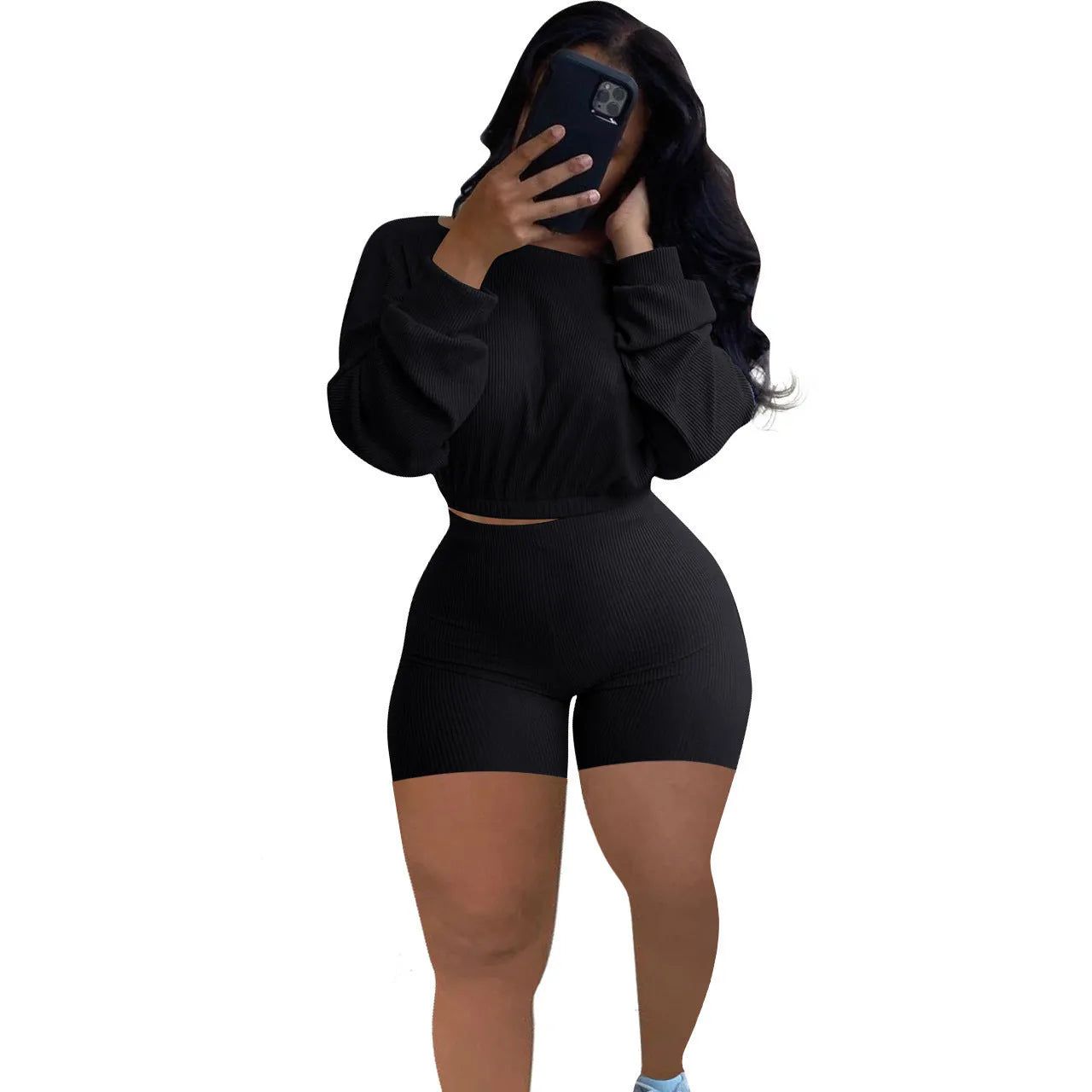 Women's sunken stripe off-the-shoulder long sleeve top with solid colour shorts in a selection of colours