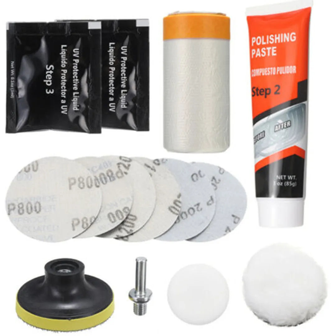 Carbon steel headlight repair tool kit for vehicle and machine repair, model style 10753.
