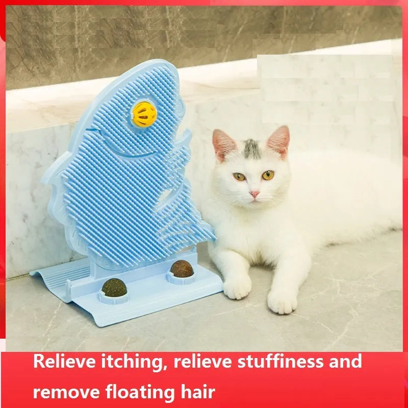 Plastic cat wall scratcher fish shape 31cm with self-grooming brush and catnip balls