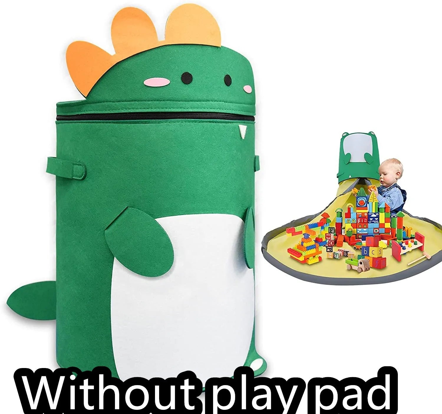 Green felt cube storage bag with pull rope, shown as a toy organiser and play mat.