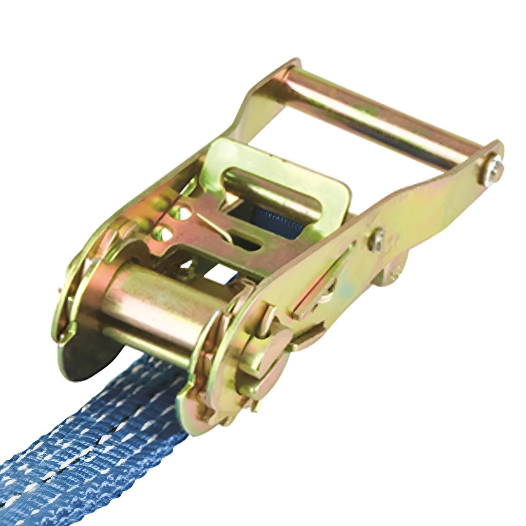 Steel ratchet tensioner hand tool with double triangle hooks and a grey polyester strap for cargo binding.