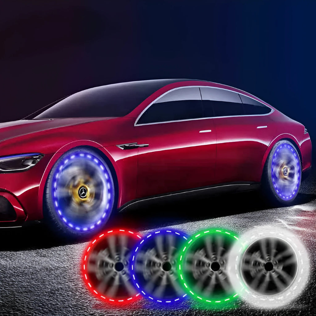 Colourful solar-powered LED valve light for mounting on vehicle wheel hubs.