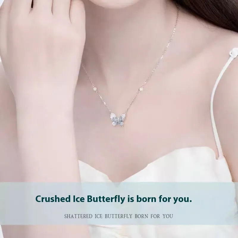 S925 silver butterfly necklace with ice rain design pendant on adjustable O-ring chain