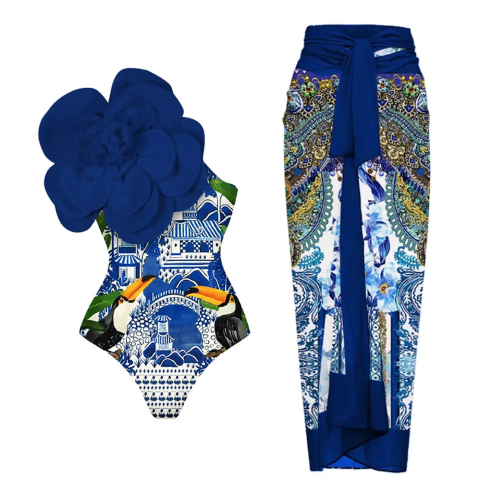 Close-up of a solid colour one-piece swimsuit with raised three-dimensional flower pattern detail