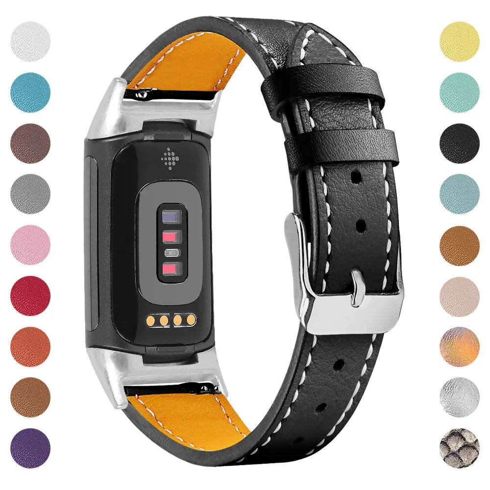 Genuine leather watch strap for Fitbit Charge 5 and Charge 6 fitness trackers on a wrist.