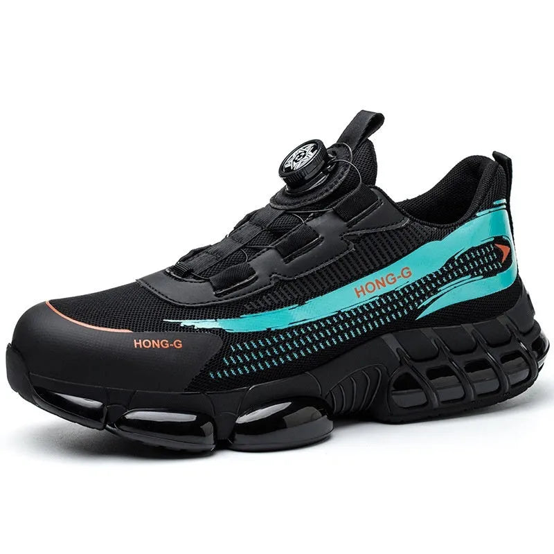 Men's black lightweight work safety shoes with steel toe cap and lace-up front.