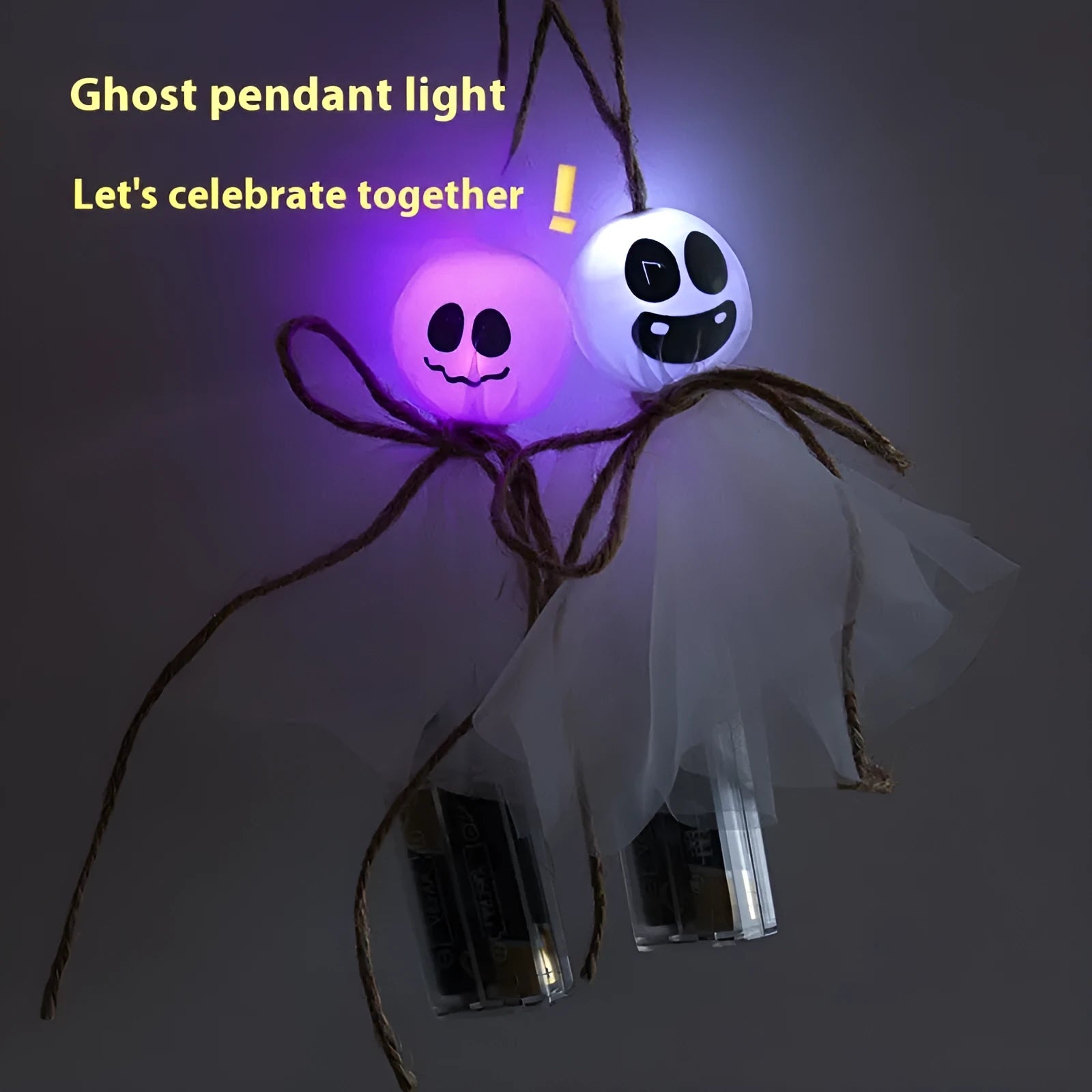 Halloween LED lighting chain with battery box and six ghost colour options for venue decorations