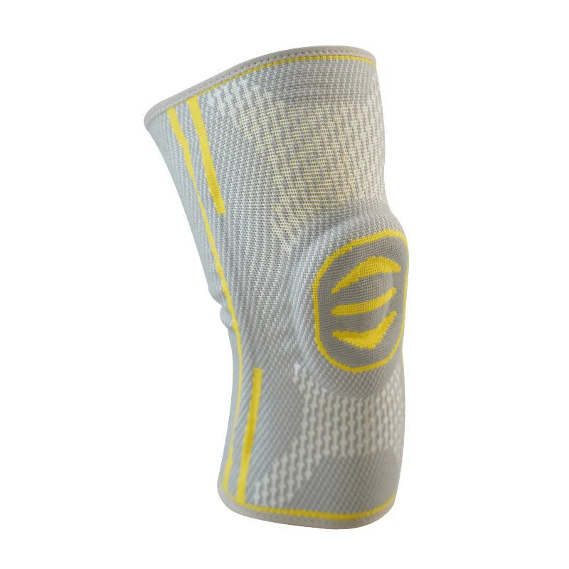 Cotton mountaineering knee pads in green, blue and yellow colours showing knee protection design