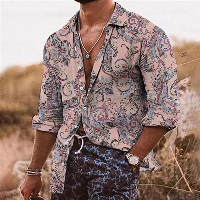 Men's loose fit bohemian style shirt with a detailed 3D floral pattern and long sleeves.