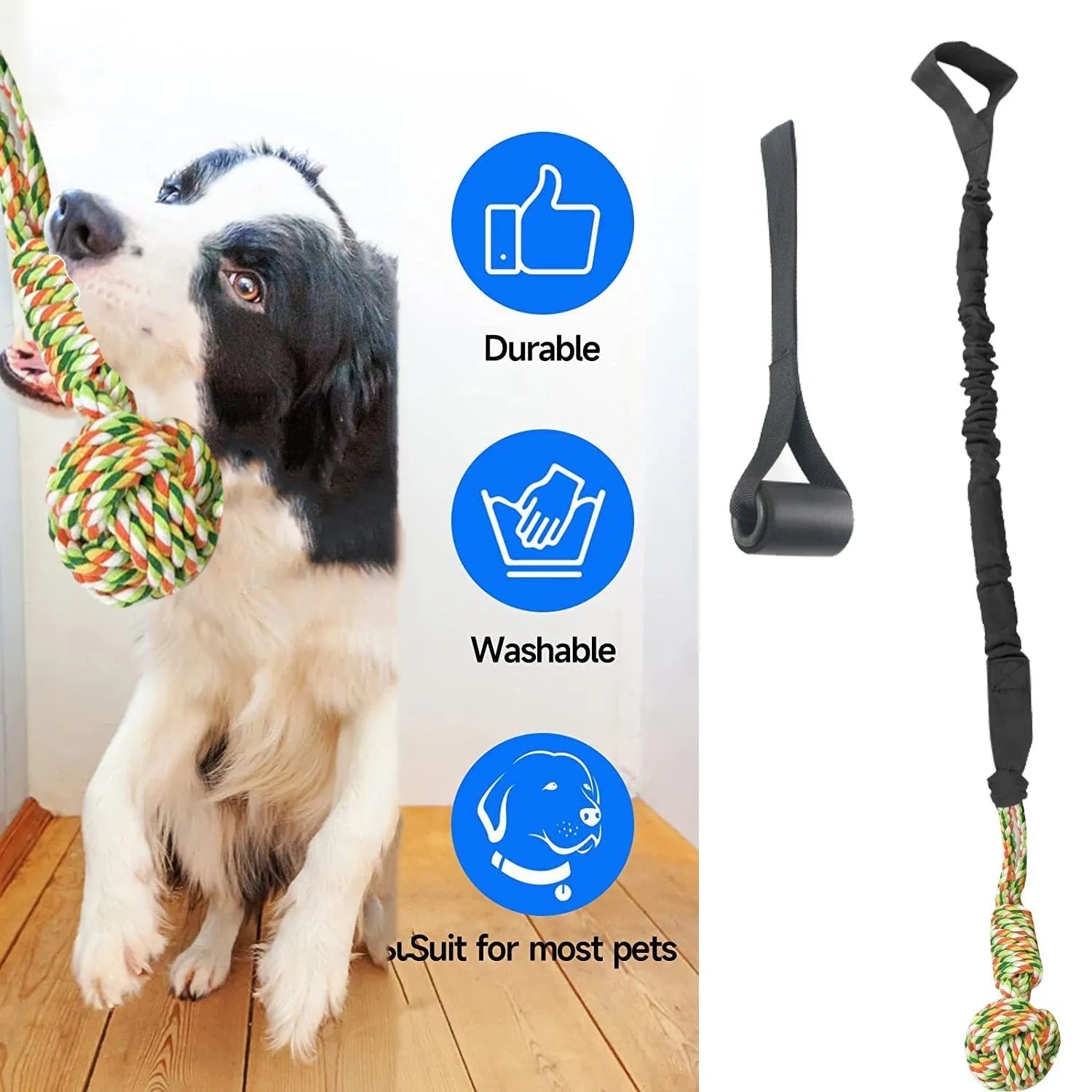 Cotton dog tug rope toy in red, grey, and black colour options.