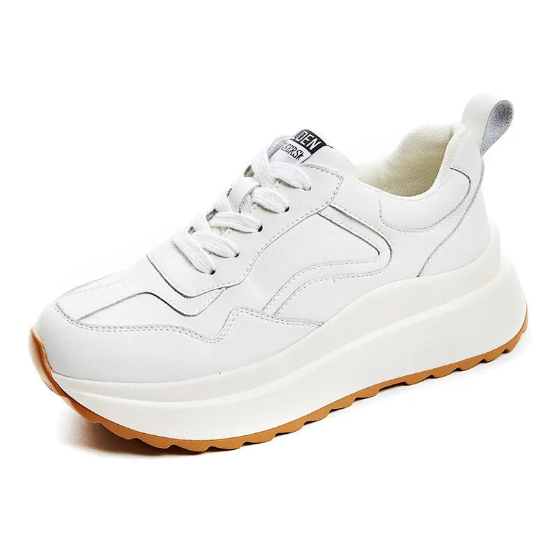 Women's beige cowhide leather casual sports shoes with mesh lining and English muffin heel