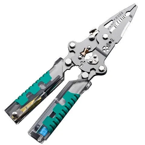 Thickened electricians' pliers with wire stripping function showing pointed design and handle details