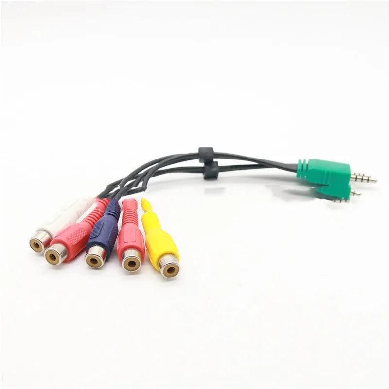 Black AV to 5RCA cable with 2.5mm and 3.5mm plugs and 5RCA connectors, tinned copper wire, 18cm length