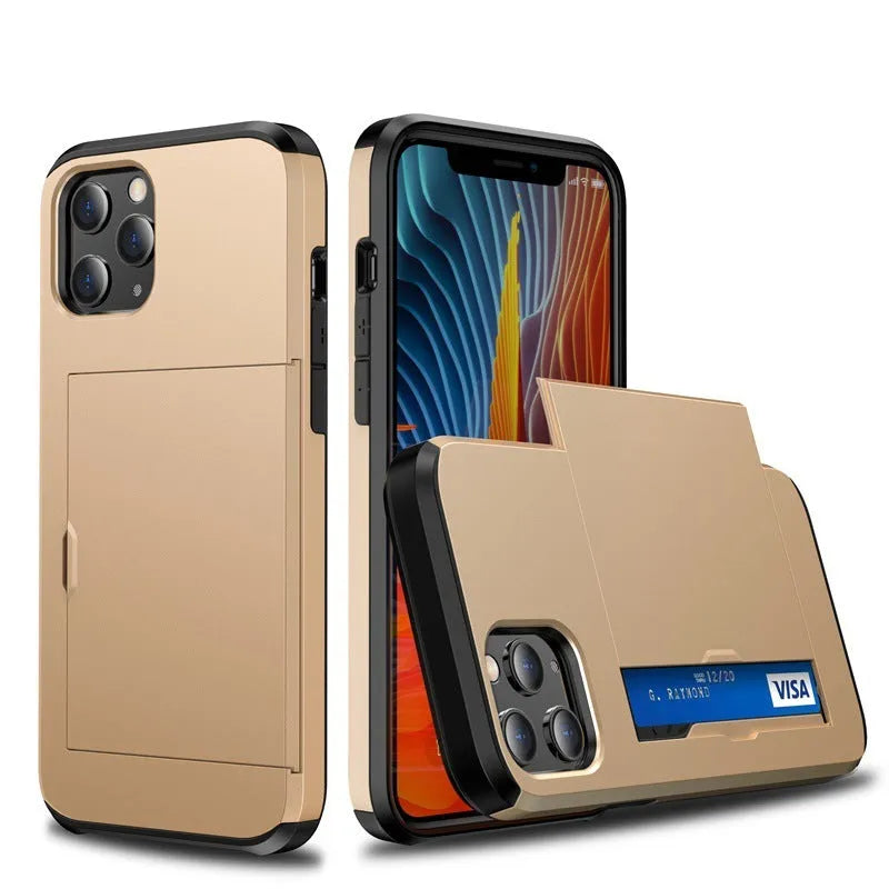iPhone 13 mobile phone wallet case with sliding card cover in multiple colour options