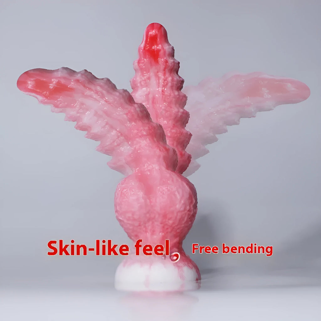 Pink platinum silicone shaped penis women's masturbation device on a plain background.