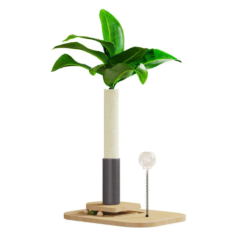 A vertical wooden cat scratching post in a canna colour with an attached food drop ball.