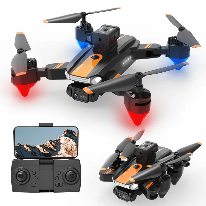 Orange quadcopter drone with four propellers and dual cameras showing obstacle avoidance sensors