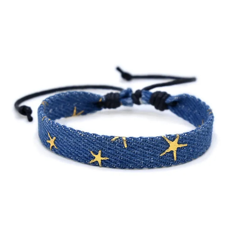 National style denim fabric bracelet carrying strap with mixed material construction for unisex travel and memorial use