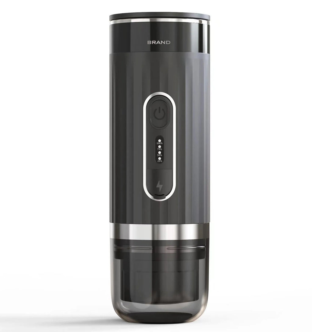 Black portable wireless coffee machine compatible with K-Cup capsules for car and camping use.