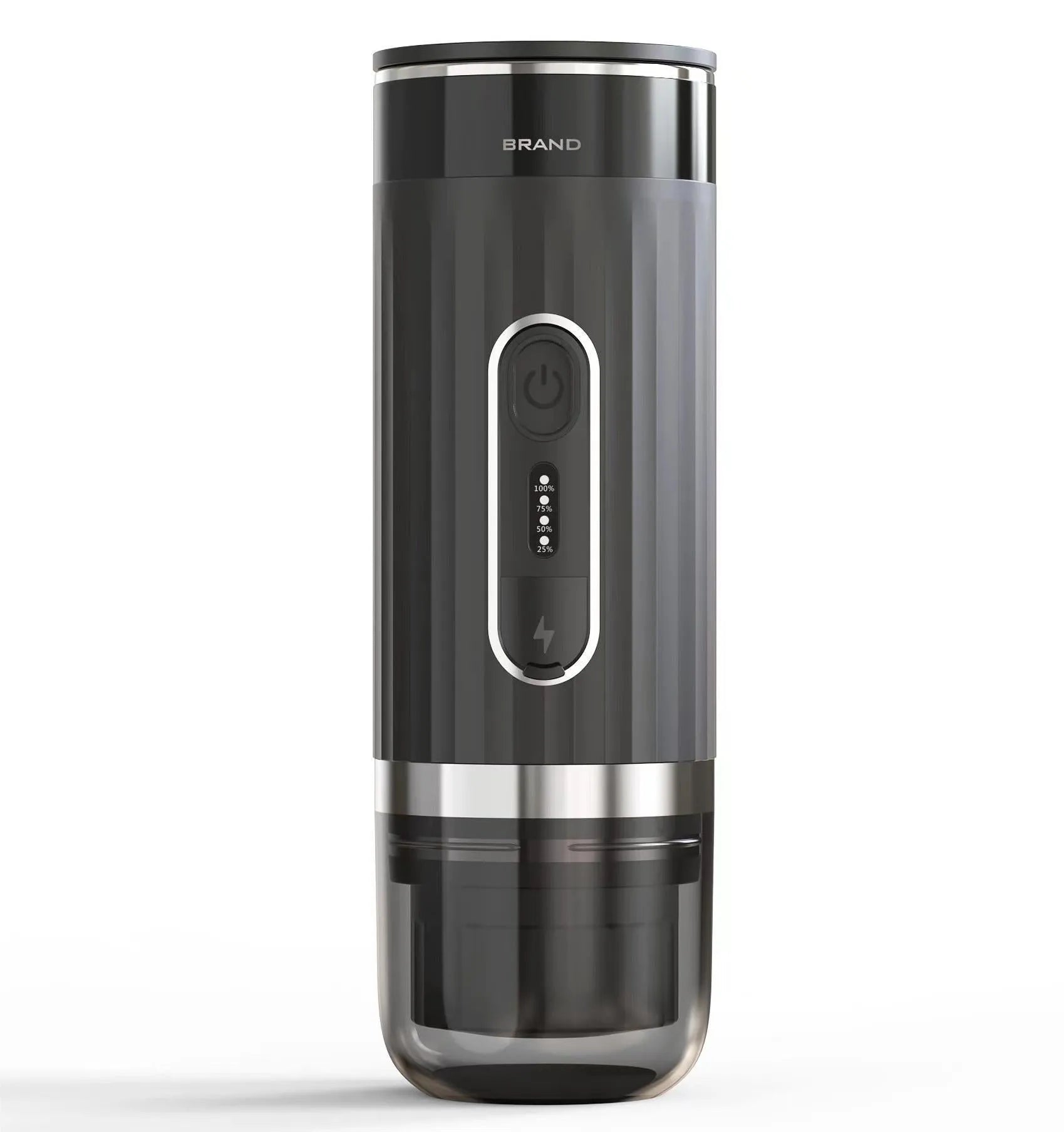 Black portable wireless coffee machine compatible with K-Cup capsules for car and camping use.