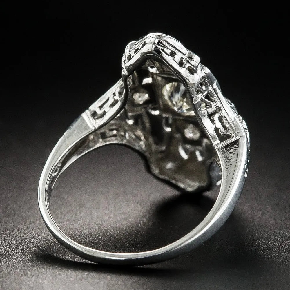 Silver hollow-out geometric ring with diamond-studded accents on copper base