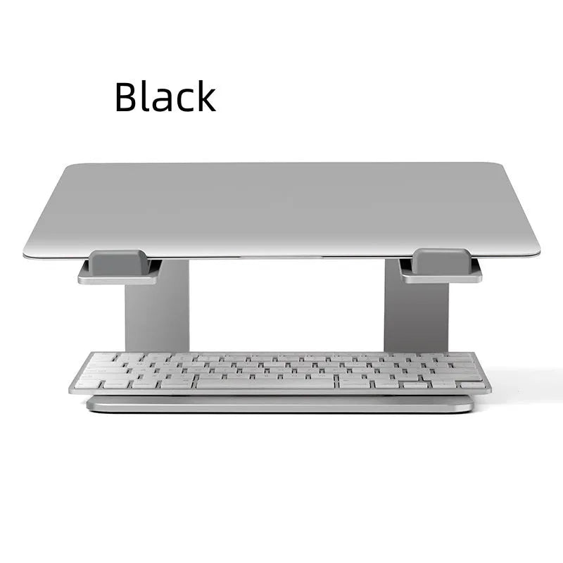 Black aluminium laptop stand on desk supporting silver laptop at improved viewing height