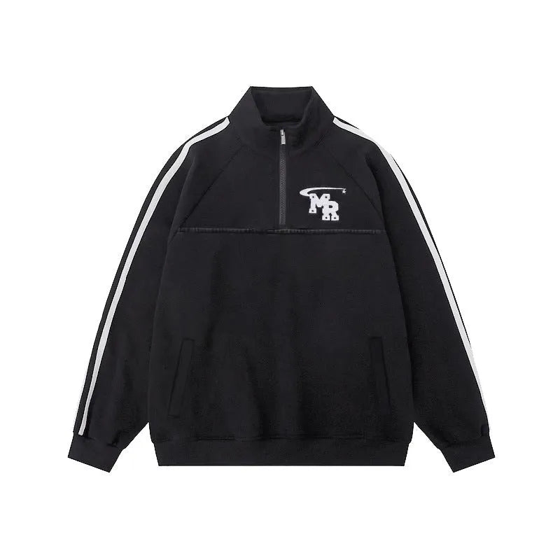 Black polyester stand collar hoodie with Hong Kong style casual sports design