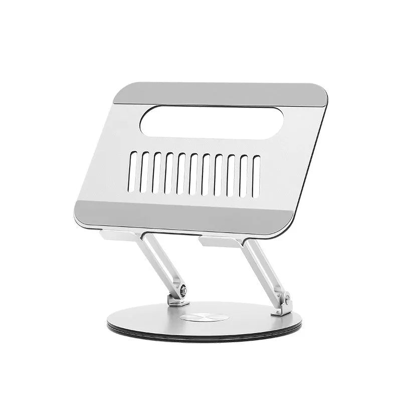 Silver aluminium alloy laptop stand showing rotatable platform and foldable legs
