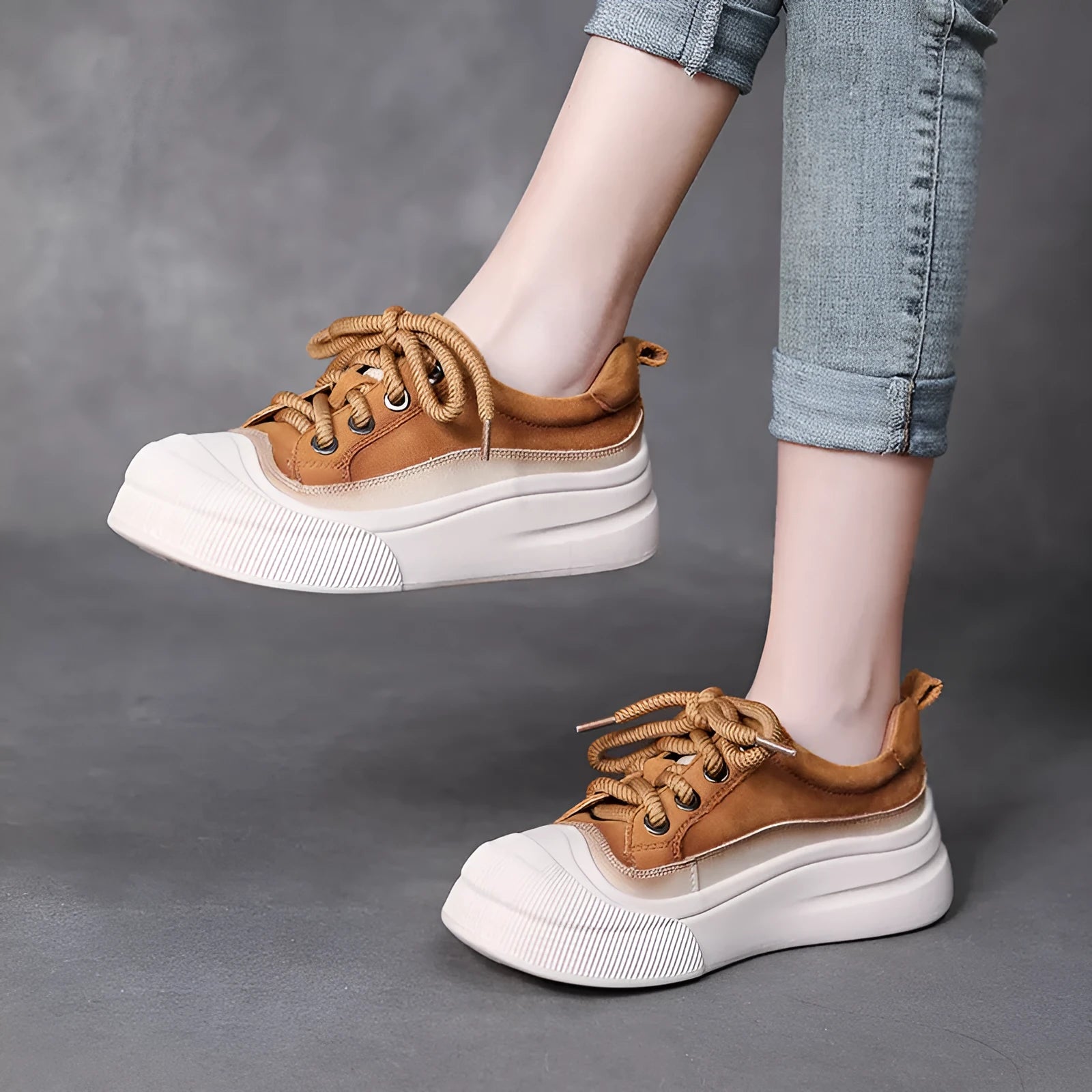 Women's yellow and brown full grain cowhide leather lace-up casual shoes with round toe.