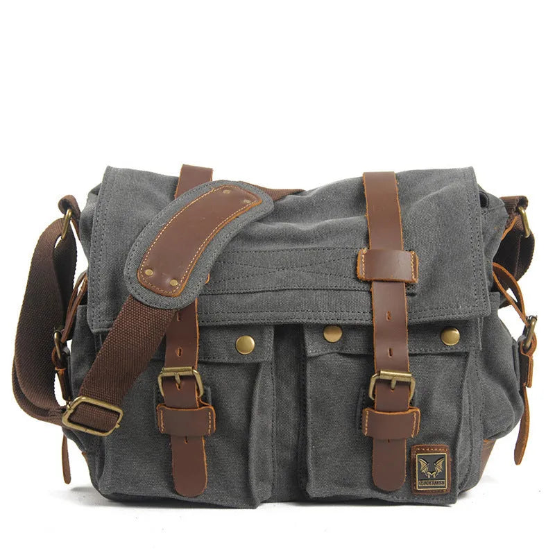 Men's canvas crossbody shoulder bag with cowhide trim in horizontal square shape