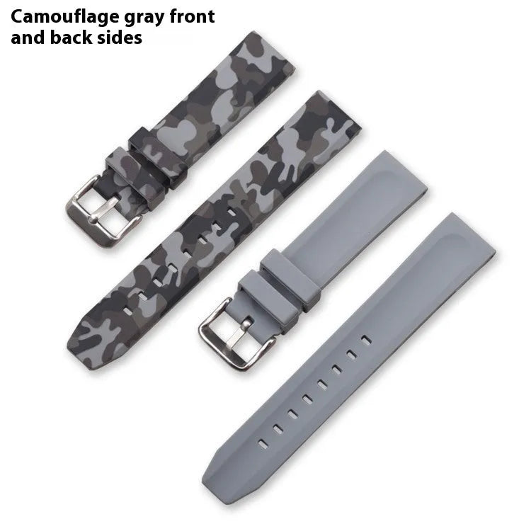 Green camouflage silicone watch strap showing flat head design and buckle, next to 20mm 22mm 24mm size indicators.