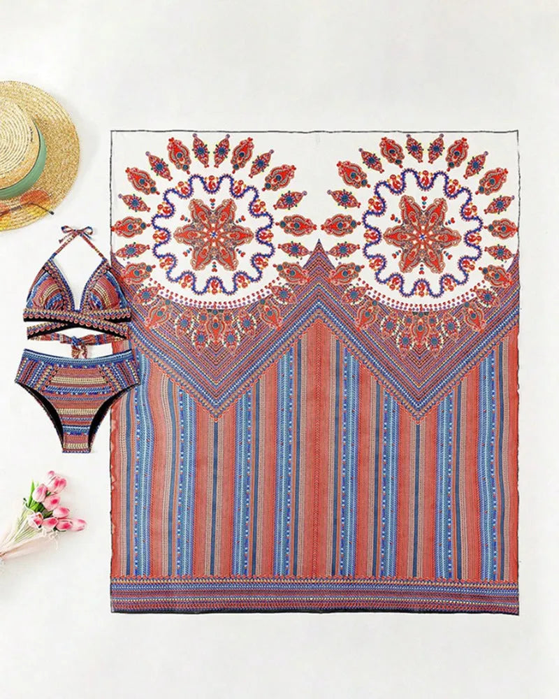 Women's three-piece swimsuit set with cutout blouse, high-waist briefs, and cover-up coat