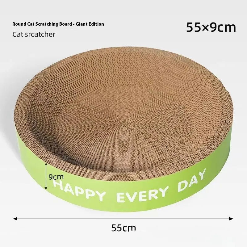 Green round cat nest with integrated sisal scratching surface, shown flat and assembled.