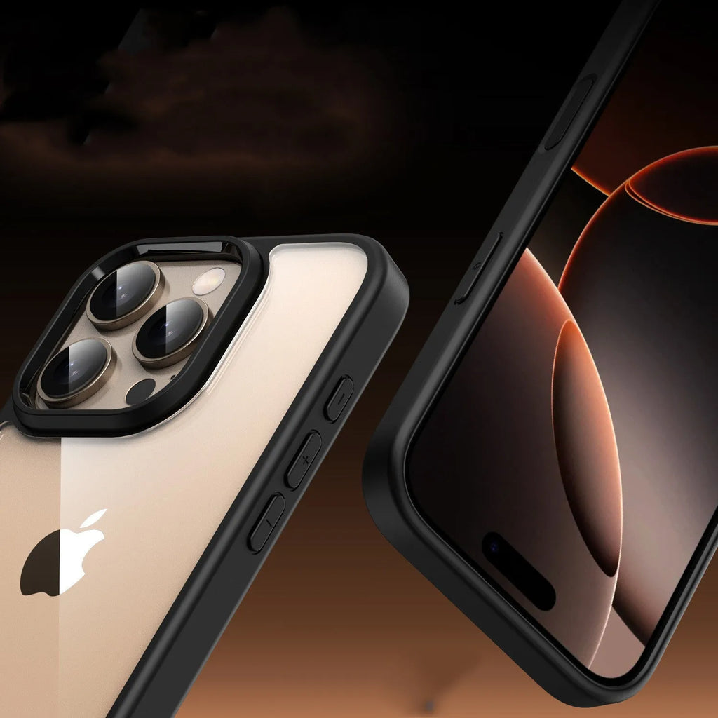 Transparent magnetic phone case for iPhone 16 showing MagSafe compatibility and airbag protection elements