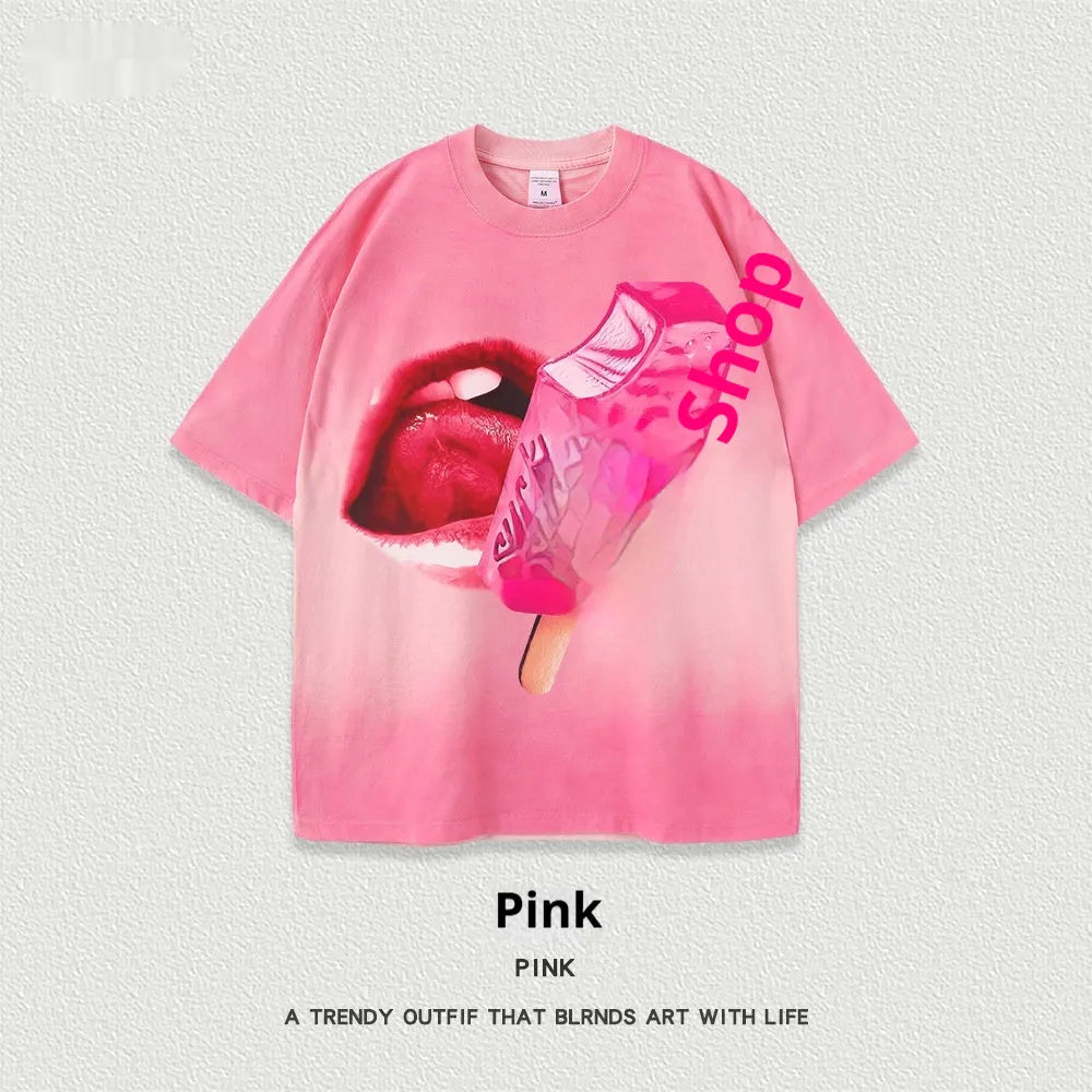 Loose fit heavy washed cotton t-shirt with a cartoon print on the front, shown in a selected colour.