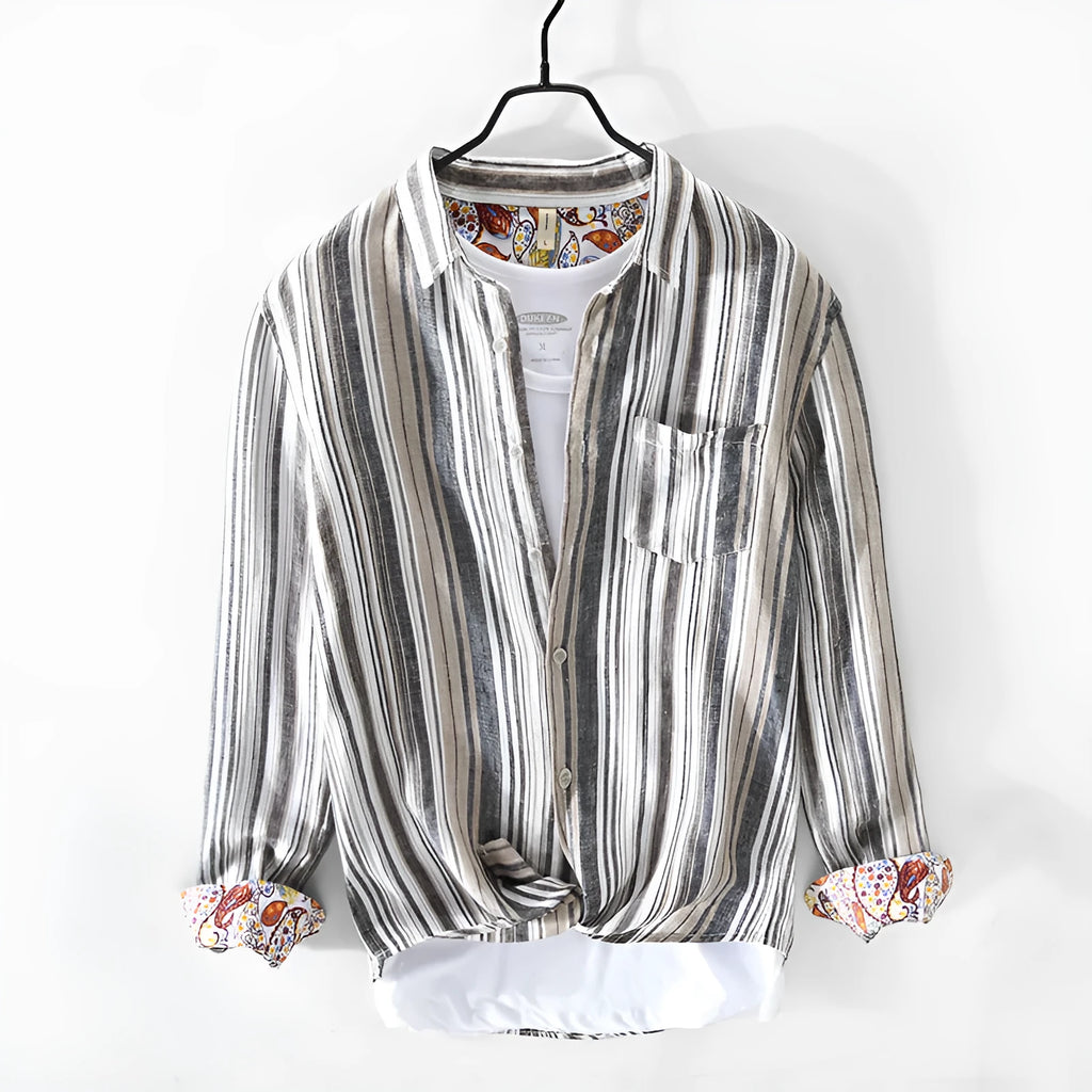 Men's striped linen shirt in loose fit with long sleeves available in red or grey colours