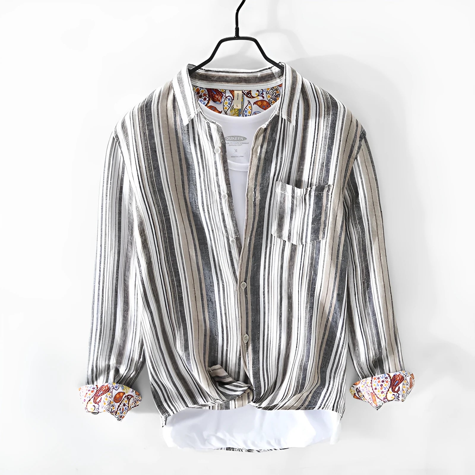 Men's striped linen shirt in loose fit with long sleeves available in red or grey colours