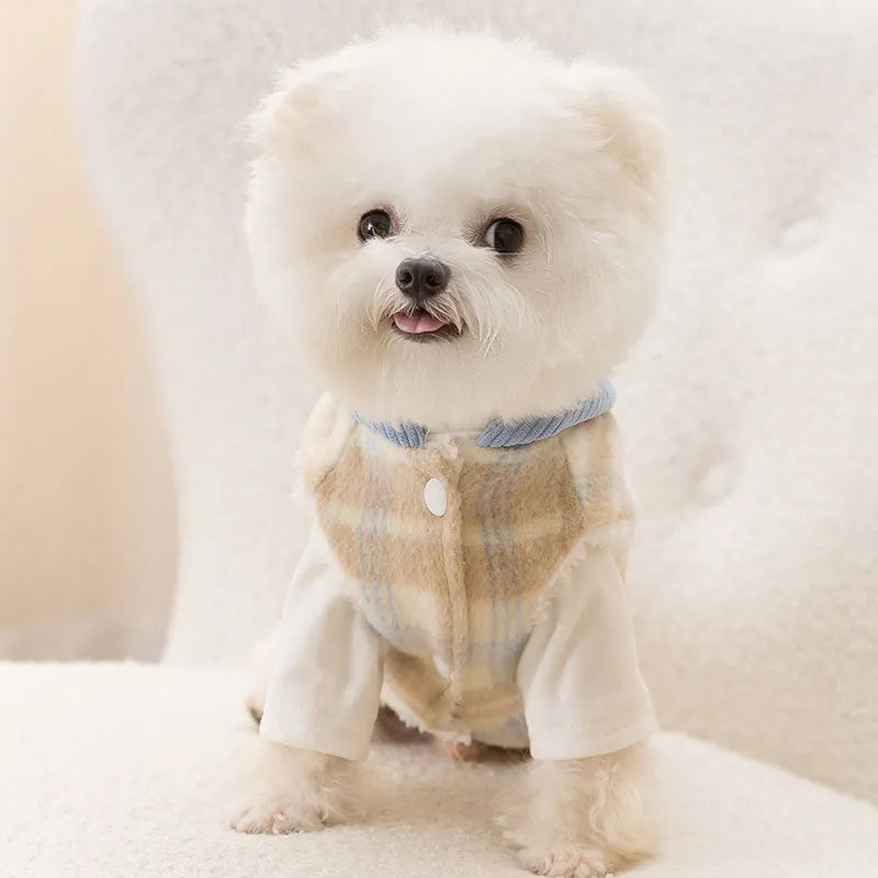 Blue corduroy dog hooded vest with chessboard grid pattern and traction-lined hood for autumn winter wear