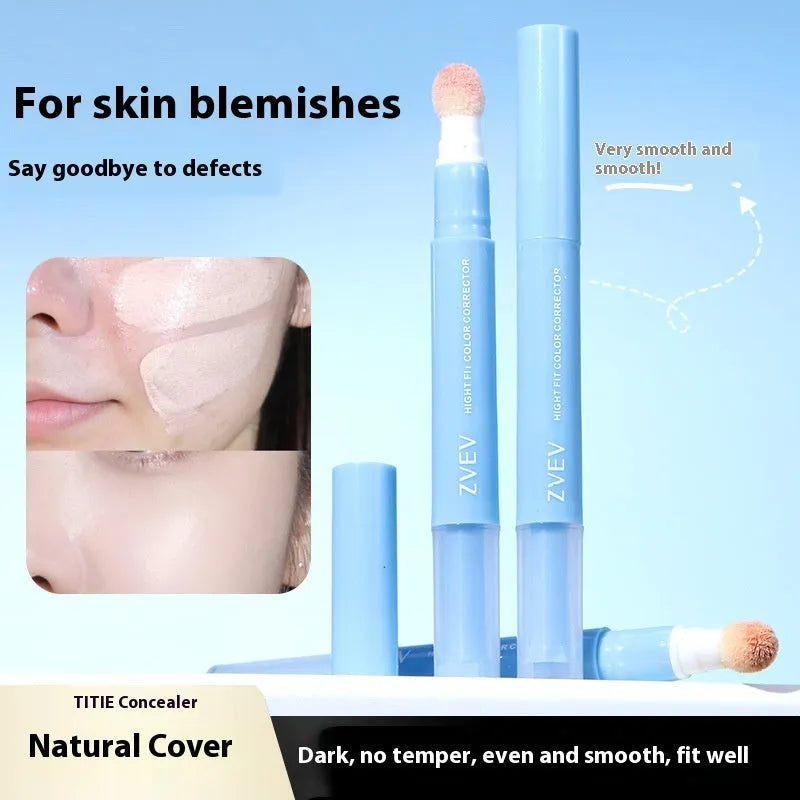 Concealer pen with sponge brush head applicator and cream in three shade options.