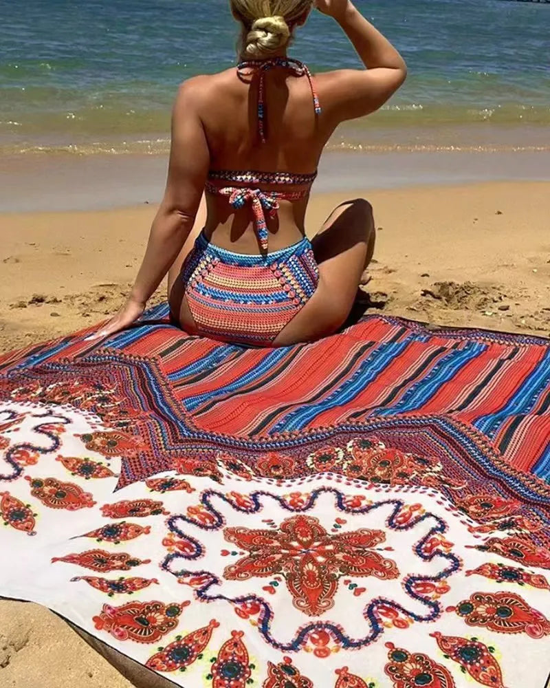 Women's three-piece swimsuit set with cutout blouse, high-waist briefs, and cover-up coat