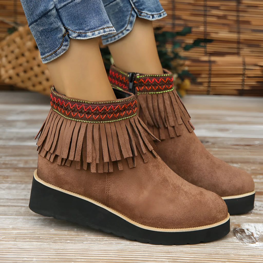 Women's suede wedge ankle boots with side zip and waterproof platform in three colour options